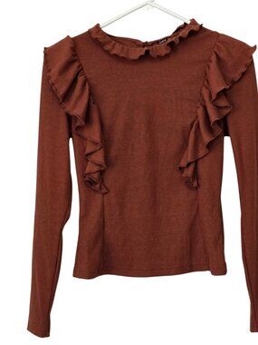 Shein Brown Long Sleeve Ribbed Blouse w. Cascading Ruffles Size XS